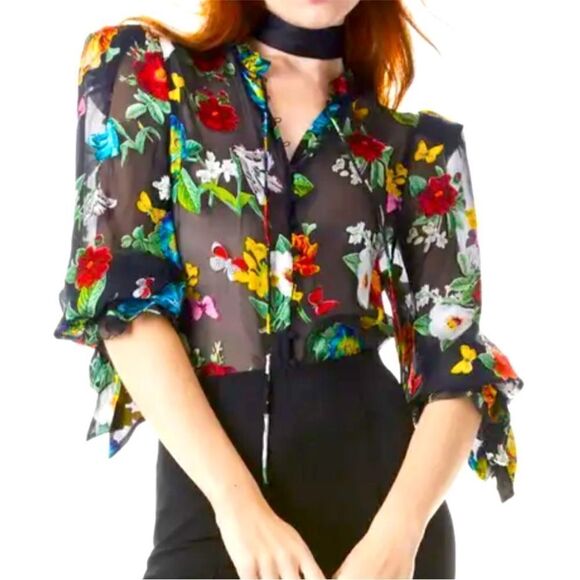 Alice + Olivia Julius Floral black Button-Front Blouse small - Picture 8 of 14
